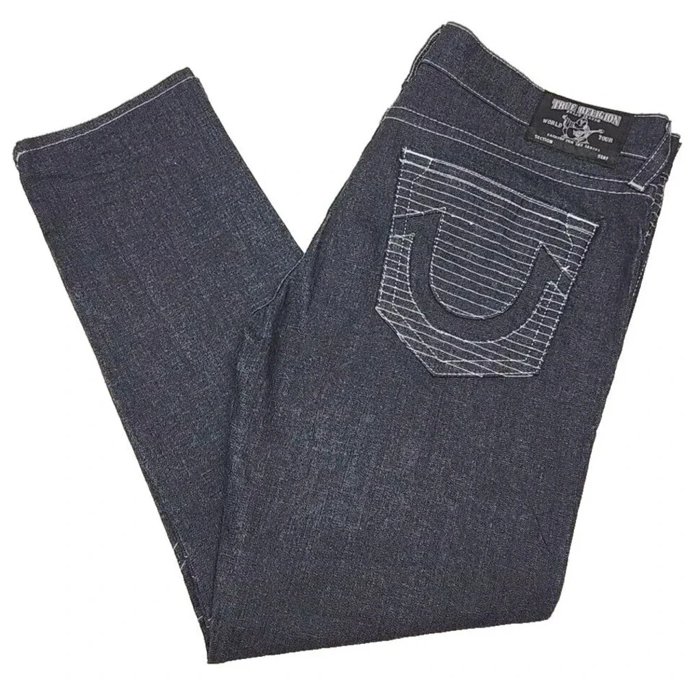 True Religion Jeans Moto Slim Men Sz 42 x 34 Dark Wash Contrast Stitch Textured